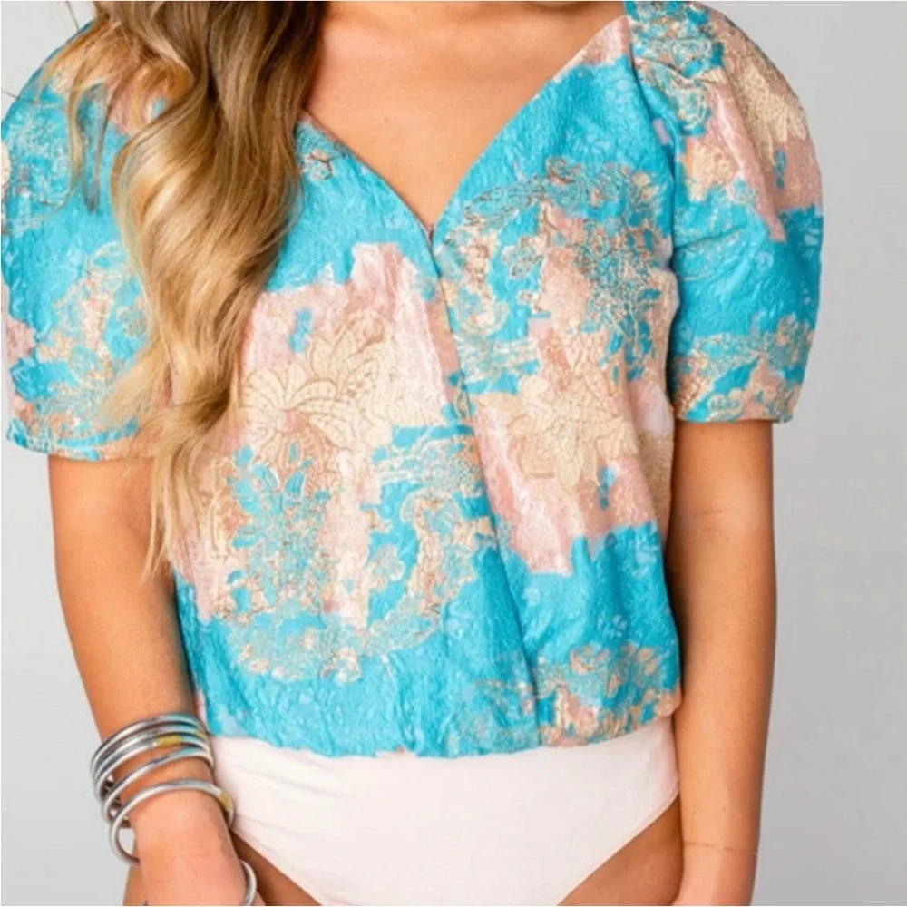 Buddy Love Turquoise Pink Gold Floral Satin Blouse - Picture 3 of 6